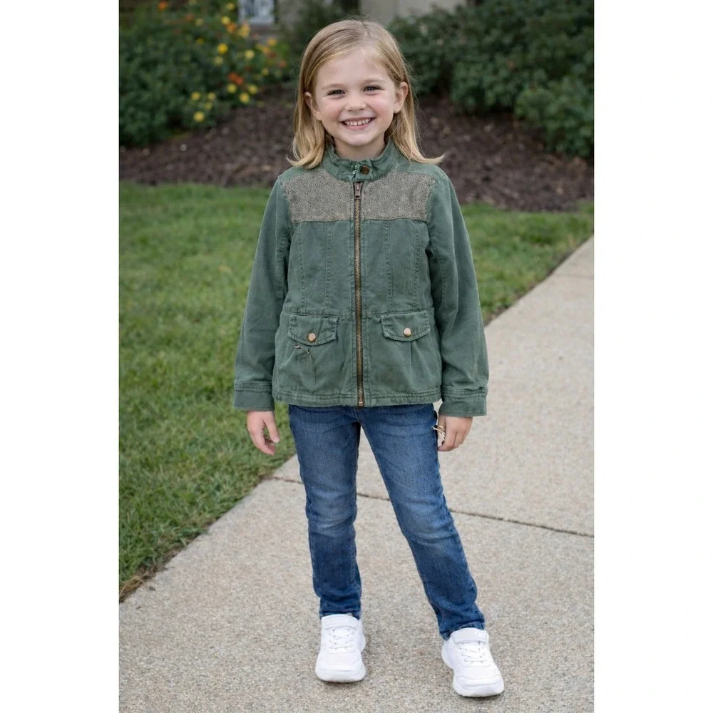 Girls Size Medium 7/8 Jeans With Owl Patch & Green Denim Crazy 8 Eyelet Jacket